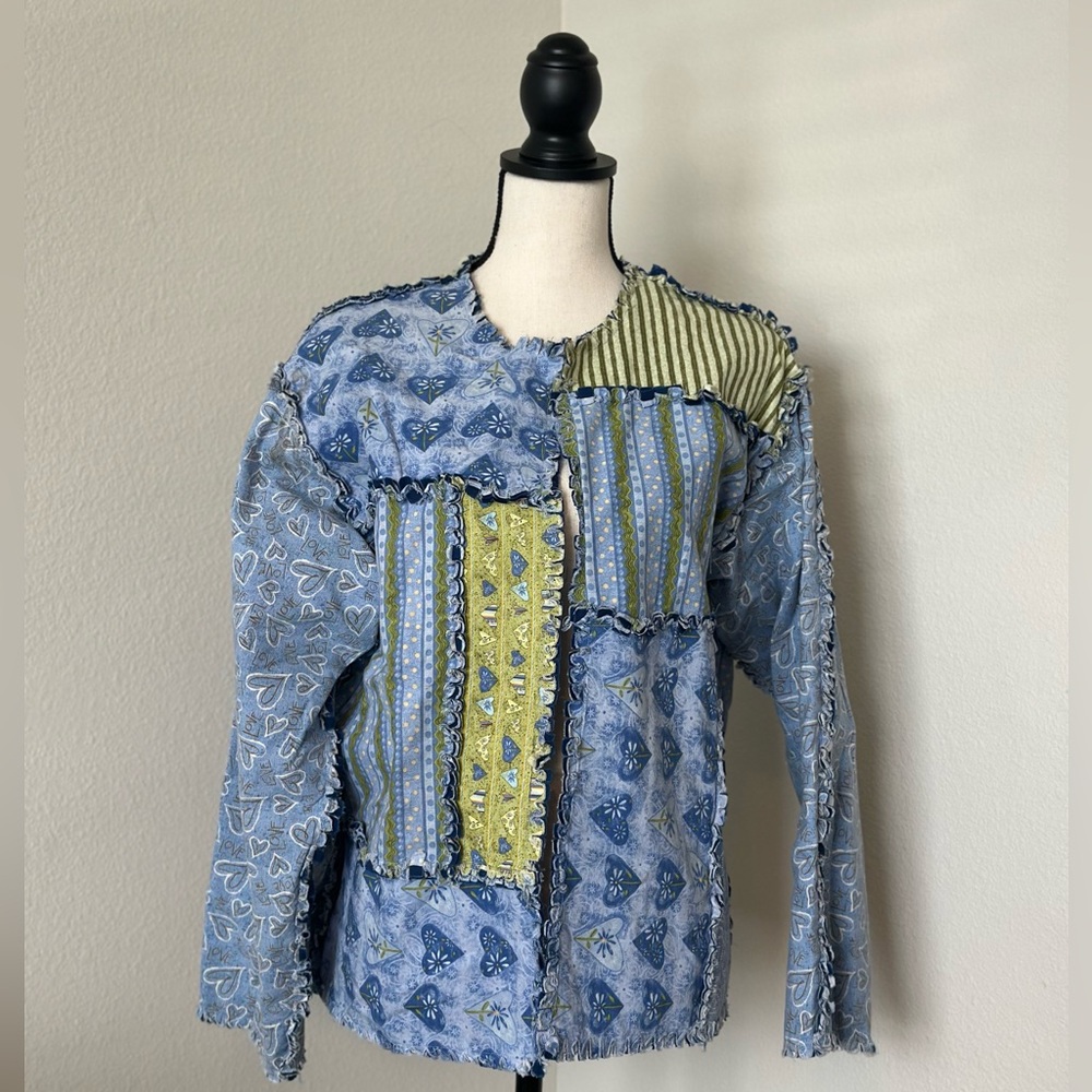 Handmade Patchwork Quilted Raglan Jacket Boho Hippie Hearts Cotton Indie 90s